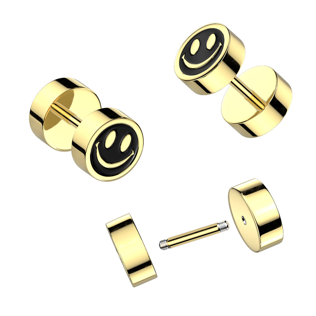 Smiley Face with Black Inlay Fake Plug Gold Surgical Steel
